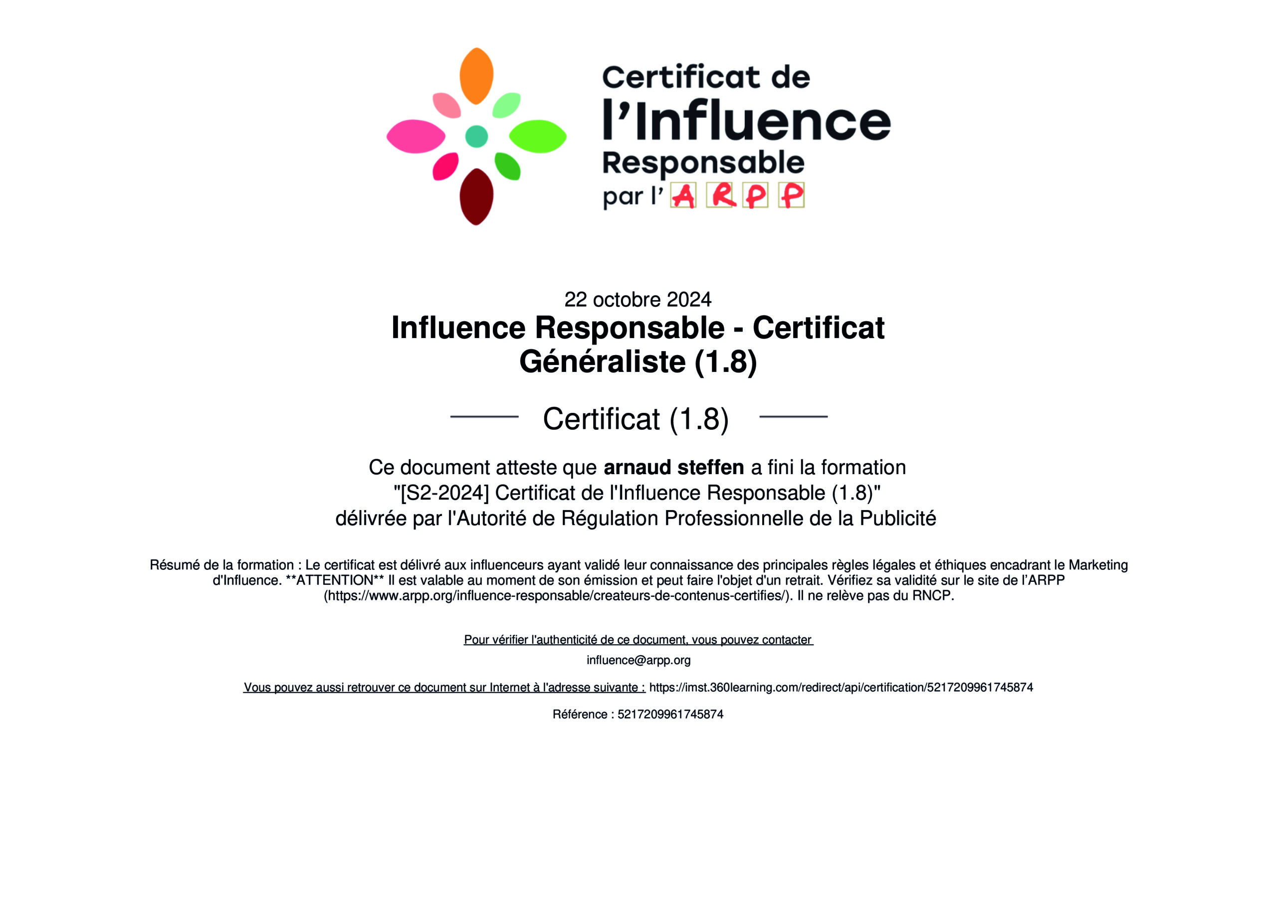 Certificat Influence Responsable